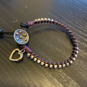 Purple rhinestone black leather bracelet w/ charm